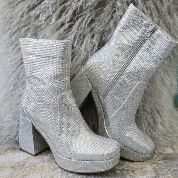 Mia Iva Silver Platform Boots | Sparkly Block Heel Ankle Boot| Size 7.5 - Picture 3 of 17
